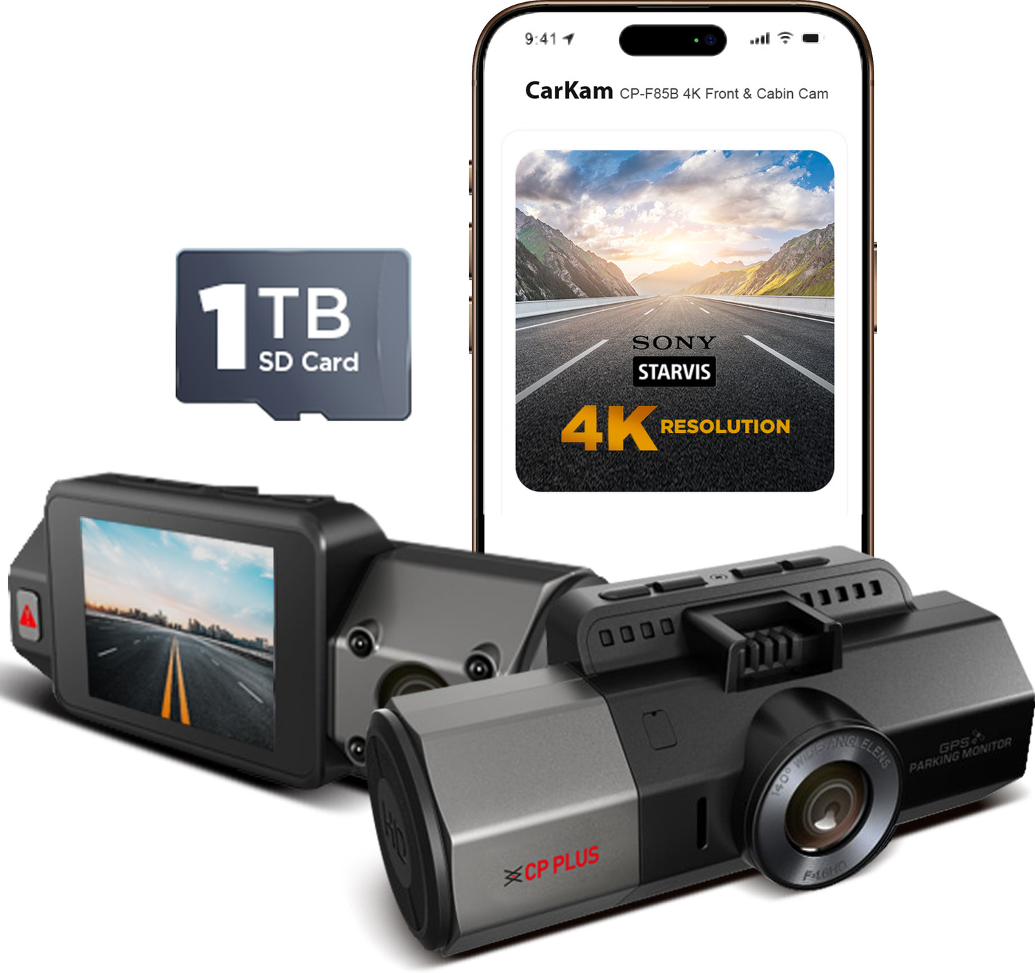 CP Plus CP-F85B 4K Front + Cabin Dash Cam by CP Plus — official product photo of the dash cam