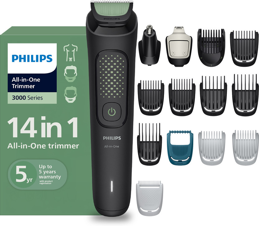 Philips MG3951/30 Fully Waterproof Trimmer by Philips — product image showing the trimmer body, blade head and attachments