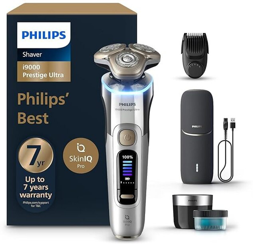 Philips World's No.1 Electric Shaver for Man AI-powered UV-Case Cleaning Pod by Philips — product image showing the trimmer body, blade head and attachments