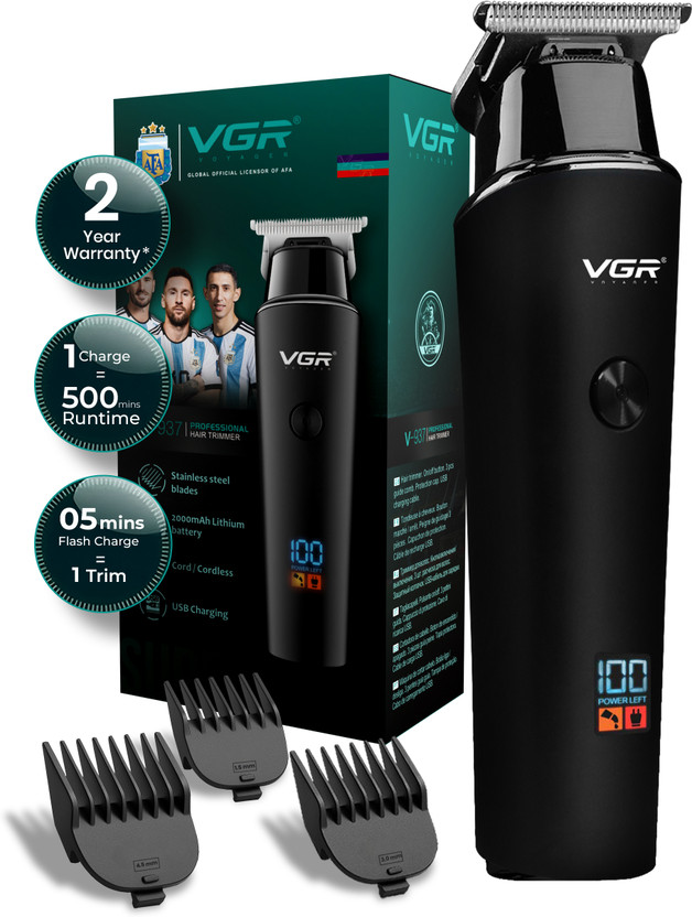 VGR V-937 Professional Hair Trimmer with LED Display Trimmer by VGR — product image showing the trimmer body, blade head and attachments