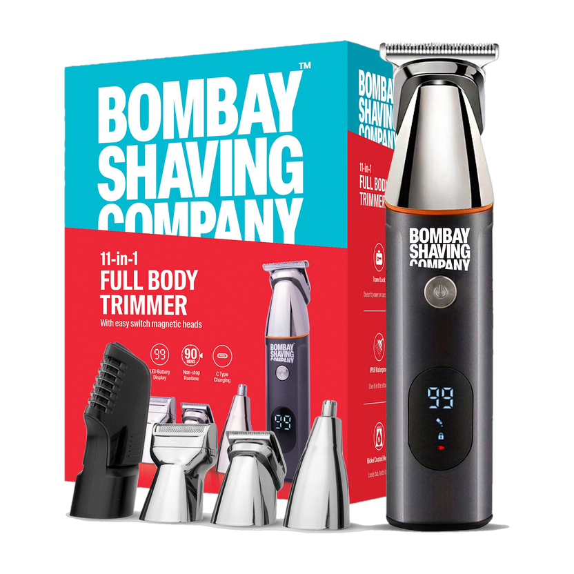 Bombay Shaving Company 11-in-1 full body trimmer Fully Waterproof Trimmer by Bombay Shaving Company — product image showing the trimmer body, blade head and attachments