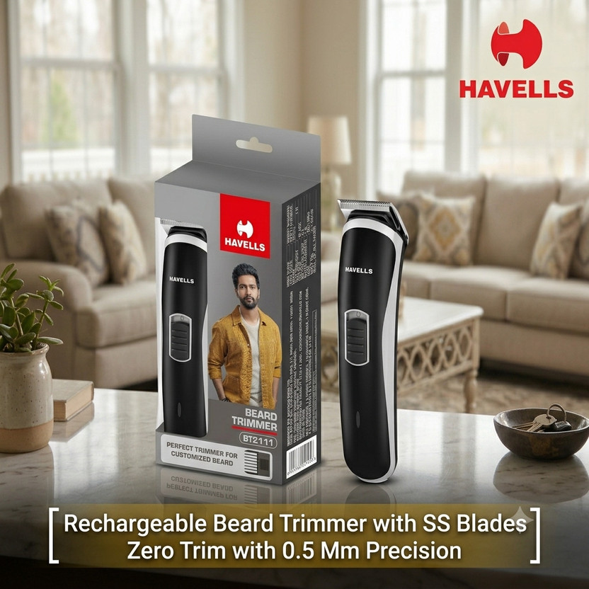 Havells Trimmer High Precision Stainless Steel Blades ! Regular Blade Lubrication Trimmer by Havells — product image showing the trimmer body, blade head and attachments