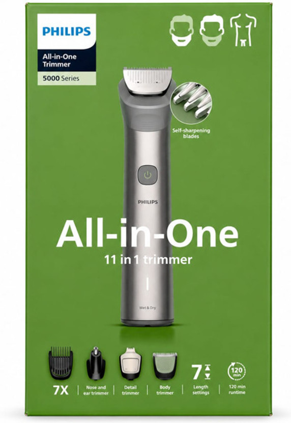 Philips MG5932 Fully Waterproof Trimmer by Philips — product image showing the trimmer body, blade head and attachments