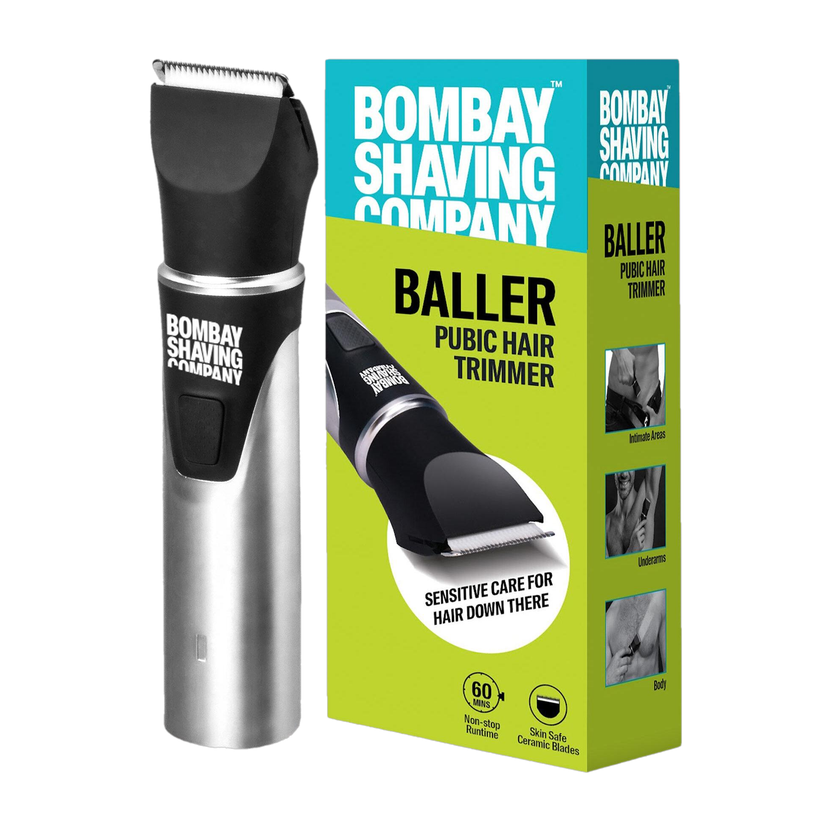 Bombay Shaving Company Baller Public Hair Trimmer Fully Waterproof Trimmer by Bombay Shaving Company — product image showing the trimmer body, blade head and attachments