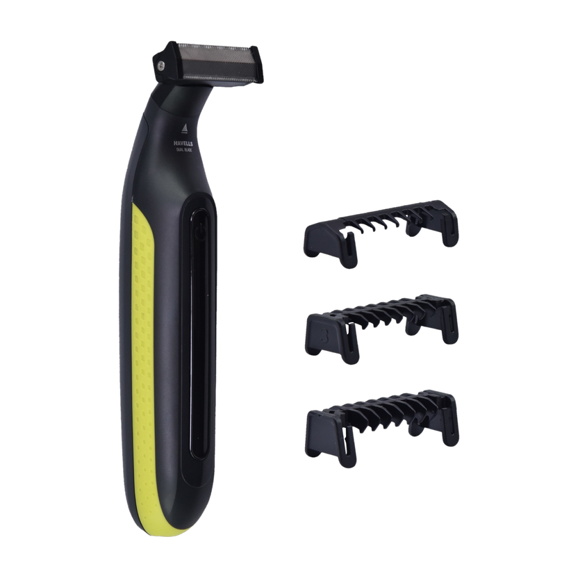 Havells ST 7000 Rechargeable Dual-Blade Shaver + Trimmer by Havells — product image showing the trimmer body, blade head and attachments